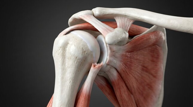 Detailed 3D anatomical illustration of human shoulder joint with torn rotator cuff tendon