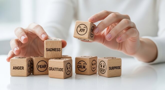 Close up view of hands holding wooden cubes with various feelings for self reflection and emotional growth in a bright studio