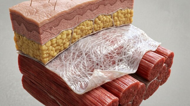 Detailed cross section view of human skin layers adipose tissue connective tissue and muscle fibers