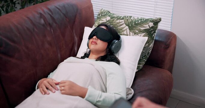Counselor, therapist and woman with blindfold, headphones and session for recovery or support. Consultation, psychology and patient with sensory depravation for mental health, check up and help