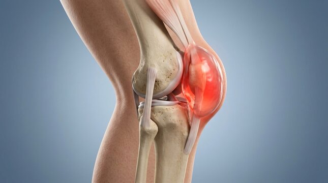 Medical illustration of human knee joint showing inflamed kneecap and surrounding ligaments
