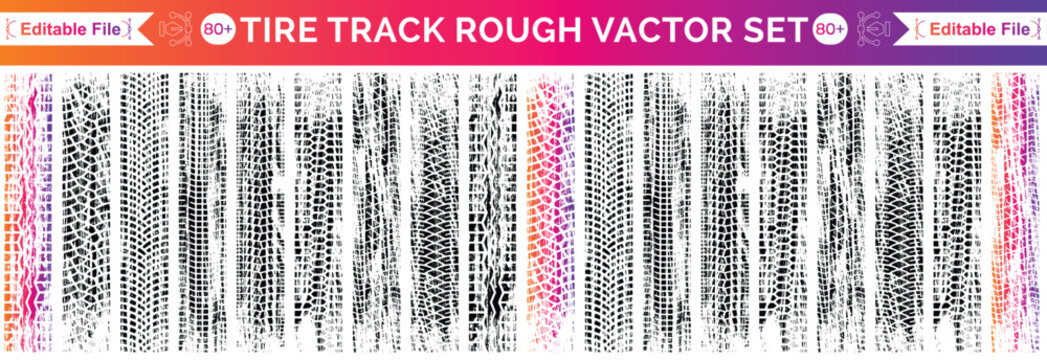 Tires trail silhouette set. Imprint of the car. Grunge tire tracks. Trace of automotive rubber. Black tire track. Tire track isolated silhouette vector. Tire track road