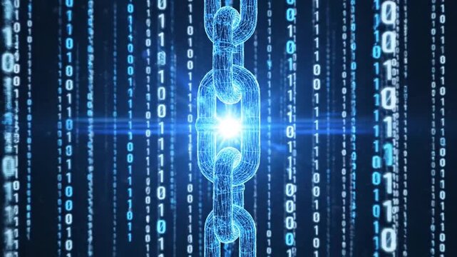 Digital Blockchain Chain with Binary Code Flowing.