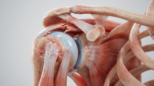 Anatomical illustration of the human shoulder joint with muscles tendons and bones