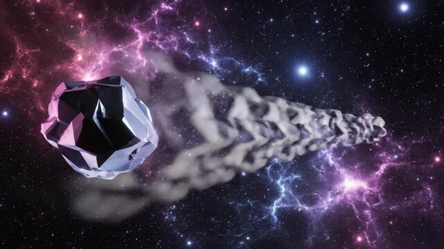 A large diamond hurtles through a vibrant, starry space with a trail of smoke and colorful lightning bolts in the background.