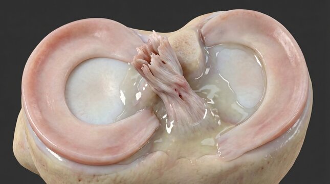 Detailed 3D rendering of a human knee joint showing cartilage ligaments and synovial fluid