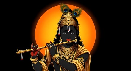 Naklejka premium Lord sri krishna iskcon divine portrait of the supreme personality playing flute in golden attire before orange halo