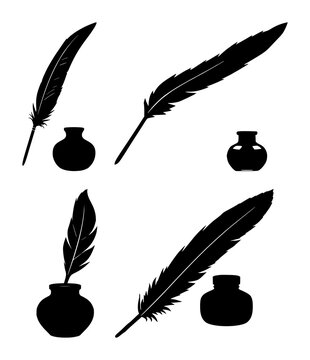 Quill and inkpot set with black silhouette design featuring writing tools, classic decor, stationery with ink and feathers