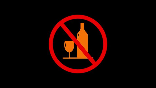 Animated prohibition symbol for no alcohol consumption on a black background. Motion. animation. 4k video
