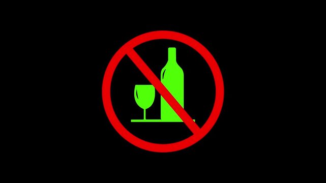 Animated prohibition symbol for no alcohol consumption on a black background. Motion. animation. 4k video
