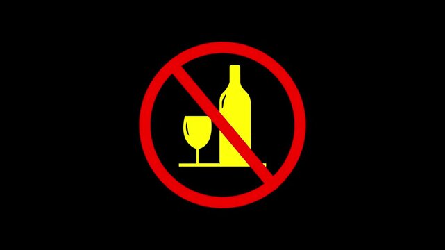 Animated prohibition symbol for no alcohol consumption on a black background. Motion. animation. 4k video
