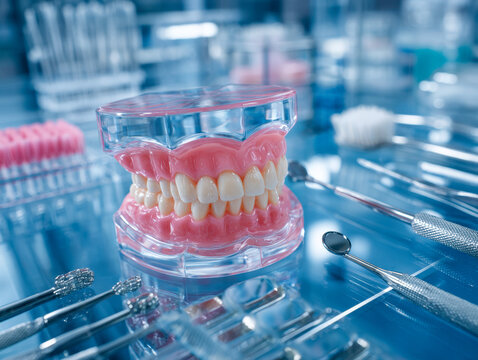 Dental model and various metallic tools on transparent glass surface in a clinical setting illustrating oral health and examination procedures