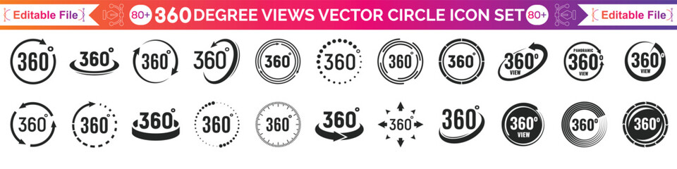 360 degrees vector icon set. Round signs with arrows rotation to 360 degrees. 360 degree complete angle or a full angle. 360 degrees logo, label, badge, symbol, banner, circle, black, line, isolated. © Ragena
