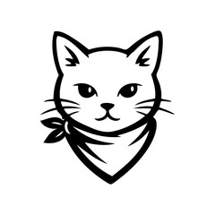 Logotipo tienda de mascotas. Dibujo sencillo con líneas de la cabeza de un gato simpático visto de frente con pañuelo en el cuello  © teracreonte