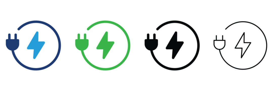 Charging station icon set. Electric plug and lightning bolt symbols for EV battery energy. Power supply, and green environment technology in various colourful solid and outline icons.