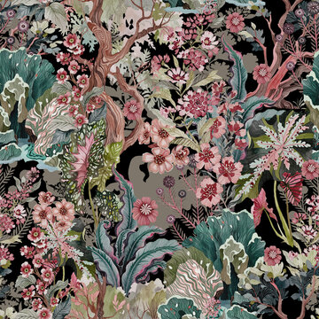 Vintage floral tapestry pattern featuring blooming blossoms leafy branches ornate botanical details romantic dark background seamless decorative illustration