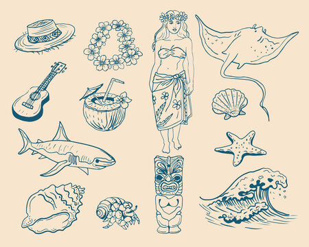 Hand drawn vintage mediterranean blue set  the theme of Tahiti, beach holidays and travel.. Dolce vita style illustrations perfect for travel guide, map, cards, posters, banners.
