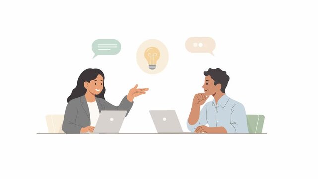 Flat style animation of two colleagues discussing ideas while working on laptops, creativity, brainstorming, and effective communication. Concept 