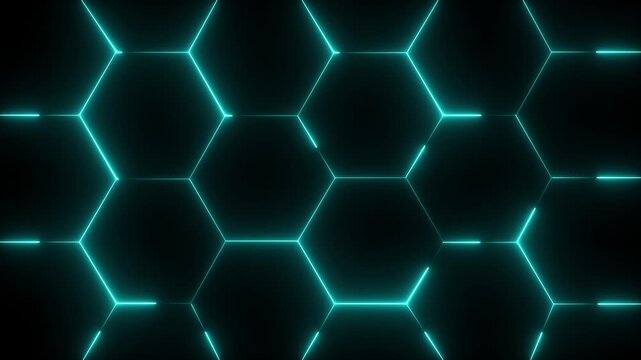 animated background with turbulent hexagon tiles and background light, abstract wallpaper. Abstract Colorful Glowing Neon Electric hexagon animation. abstract background cyan hexagon technology. 4k..