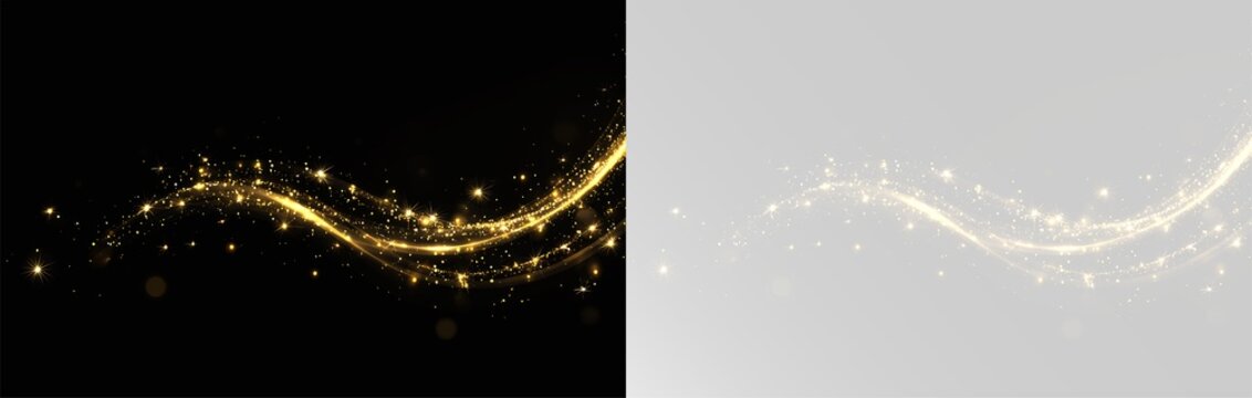 Ethereal gold sparkle trail with fluid motion and glowing stardust effect