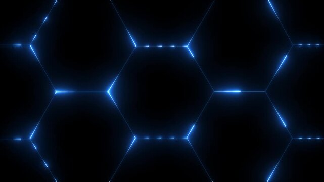 glowing neon light hexagon frame animated on black background. futuristic abstract hexagonal grid background growth line Geometric Surface light hexagon. . 4k video animation