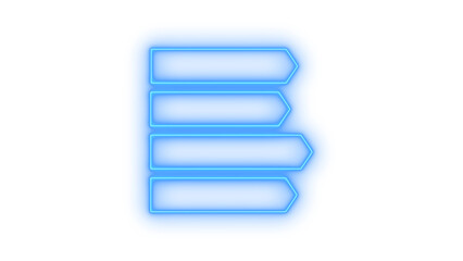 Horizontal set of four glowing blue neon arrow-shaped empty text boxes for user interface design, information display, or infographic elements, isolated on transparent background.