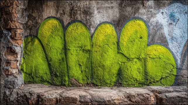 Bright green spray-painted graffiti art with black outline on a rough concrete wall and stone base