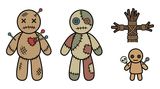 Cute creepy voodoo doll vector illustration set. Patchwork cloth toy, stick cross, and magic characters with pins for halloween design.