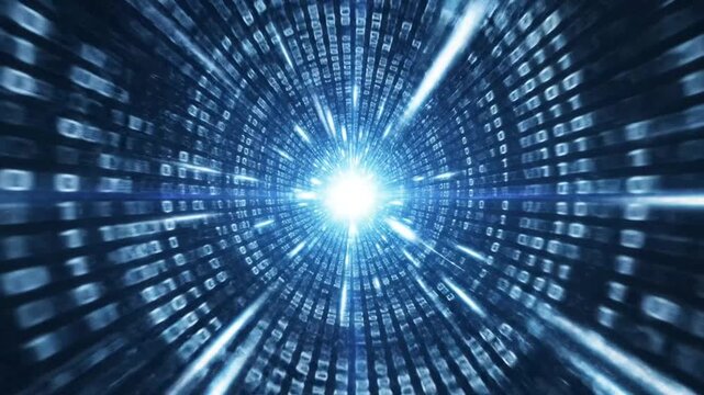 Digital Data Tunnel: Binary Code Flowing Towards Light