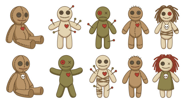 Set of cute creepy voodoo doll vector illustrations with pins, stitches, and skull details. Halloween magic cloth character isolated on white background.