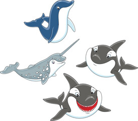 Vector cartoon set of an Arctic narwhal, a funny dolphin and two orcas © Alexey Bannykh