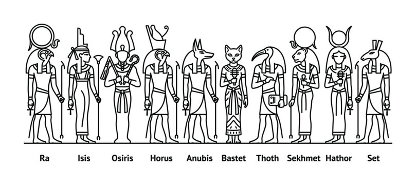 Minimalist line art of Egyptian gods and goddesses. The vector set includes major deities like Ra, Isis, and Horus. Perfect for educational and cultural design.