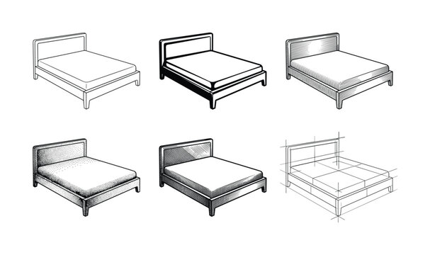 A vector set of six bed furniture illustrations. Shows different graphic styles from line art and sketch to engraving and stippling. For design, icon, or interior concepts.