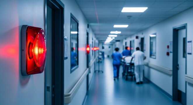 Emergency hospital corridor with red alarm lights and medical staff in blue scrubs