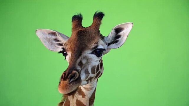 Close-up of a young giraffe's head with distinctive spots against a vibrant green background.