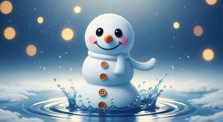 Obraz premium 3d snowman character splashing in icy water with festive bokeh lights