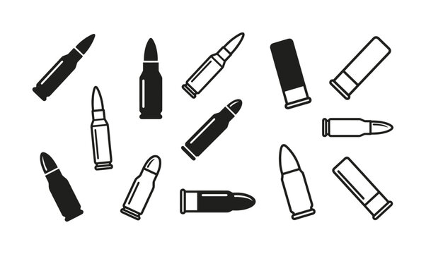 Minimalist weapon ammo icon set. Features various bullet and shotgun shell silhouettes and outlines. For military, crime, or security concepts.