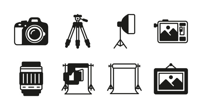 Set of black vector icons for photography and studio equipment. Includes camera, lens, tripod, and light. Minimalist design for web, app, or graphic use.