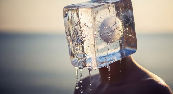Surreal Digital Art of a Human Face Carved in a Melting Ice Cube, Conceptual Metaphor for Brain Freeze, Global Warming, or Frozen Emotions