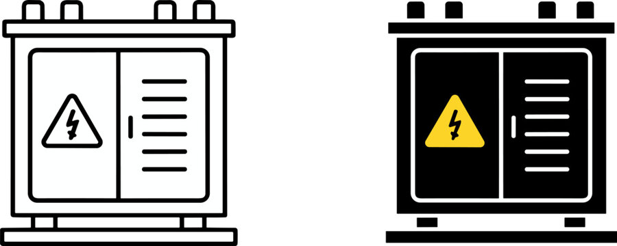 Electrical transformer box icon, power cabinet vector illustration, high voltage warning sign, electricity hazard symbol, industrial energy equipment, safety design, black outline, filled version