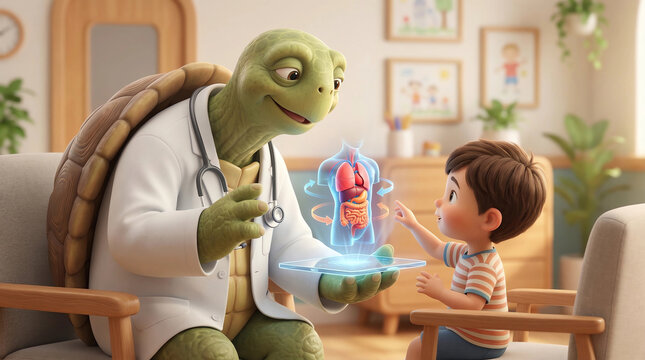 A friendly anthropomorphic turtle doctor wearing in medical clothes 