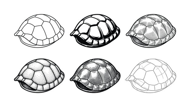 A set of six turtle shell illustrations in various graphic styles. Includes line art, engraving, and stippling techniques. Vector design for logo, icon, or science concepts.