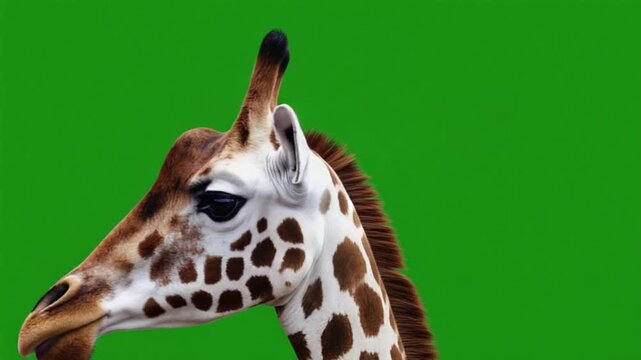 Close-up portrait of a giraffe's head with distinctive markings against a solid green background