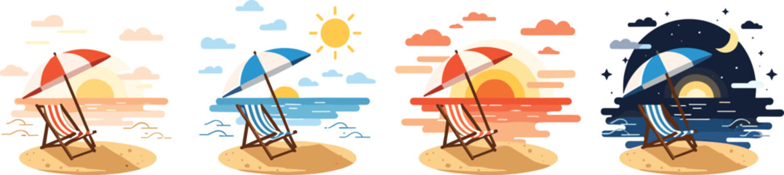 Beach chair with umbrella scenes collection in different times of day, sunrise sunset and night seaside landscapes vector illustration set for summer design