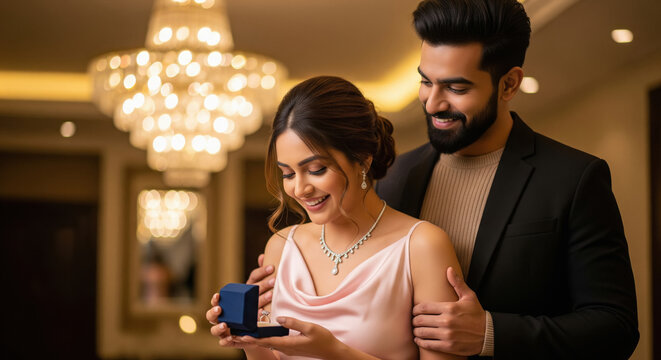 A loving couple shares a joyful moment as one surprises the other with a ring, symbolizing romance