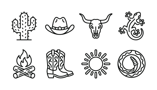 A set of wild west linear icons. Features cowboy, desert, and western symbols like cactus and skull. Perfect for modern logos and graphic design.