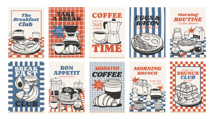 Hand drawn breakfast poster. Chalk food banner. Sketch crayon drink, coffee, croissant, egg, bread, avocado, waffles. Doodle brunch elements with quotes. Vector set