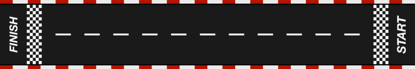Race track. Start and finish racing. Line sport speed road for vehicle, car, bicycle, motorsport competitions. Asphalt straight route. Racetrack top view. Vector illustration