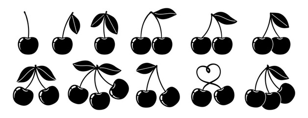 Cherry icon. Black cherries silhouette. Abstract berry with leaves on different sides. Summer fruit logo. Spring garden berries elements for food, drink vector label © Foxy Fox