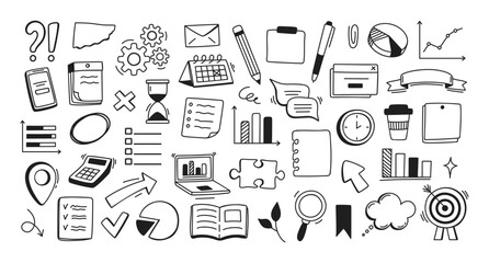 Doodle planning elements. Hand drawn pencil organization and plan icon. Sketch chalk plan elements for social media, ads, marketing. Bulb, arrow, goal note, office elements. Vector set